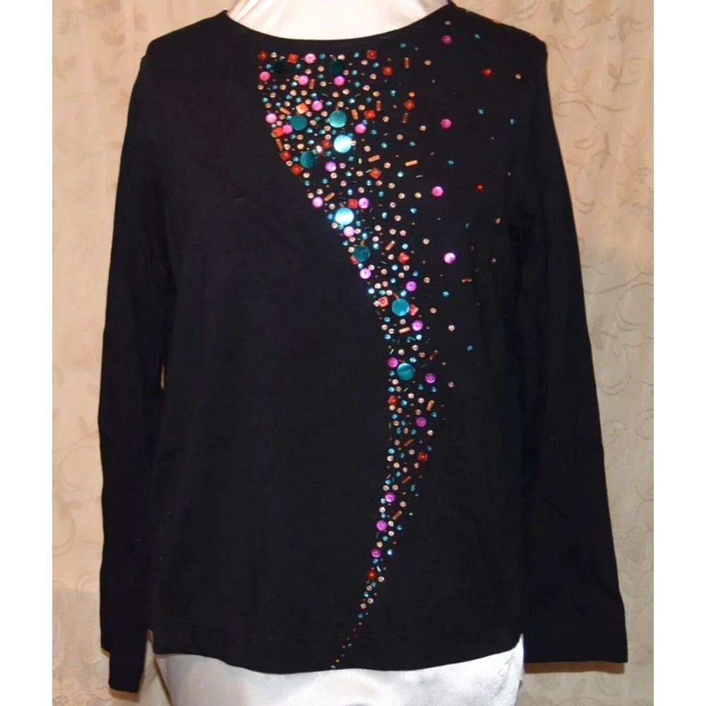 DIANE'S ESSENTIALS Multi Beading Sequins BLACK Tip Tunic L Large Side‎ Slits